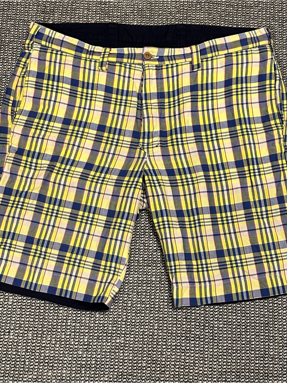 Olde School Brand Reversible Flat Front Shorts Navy Blue/Yellow Plaid